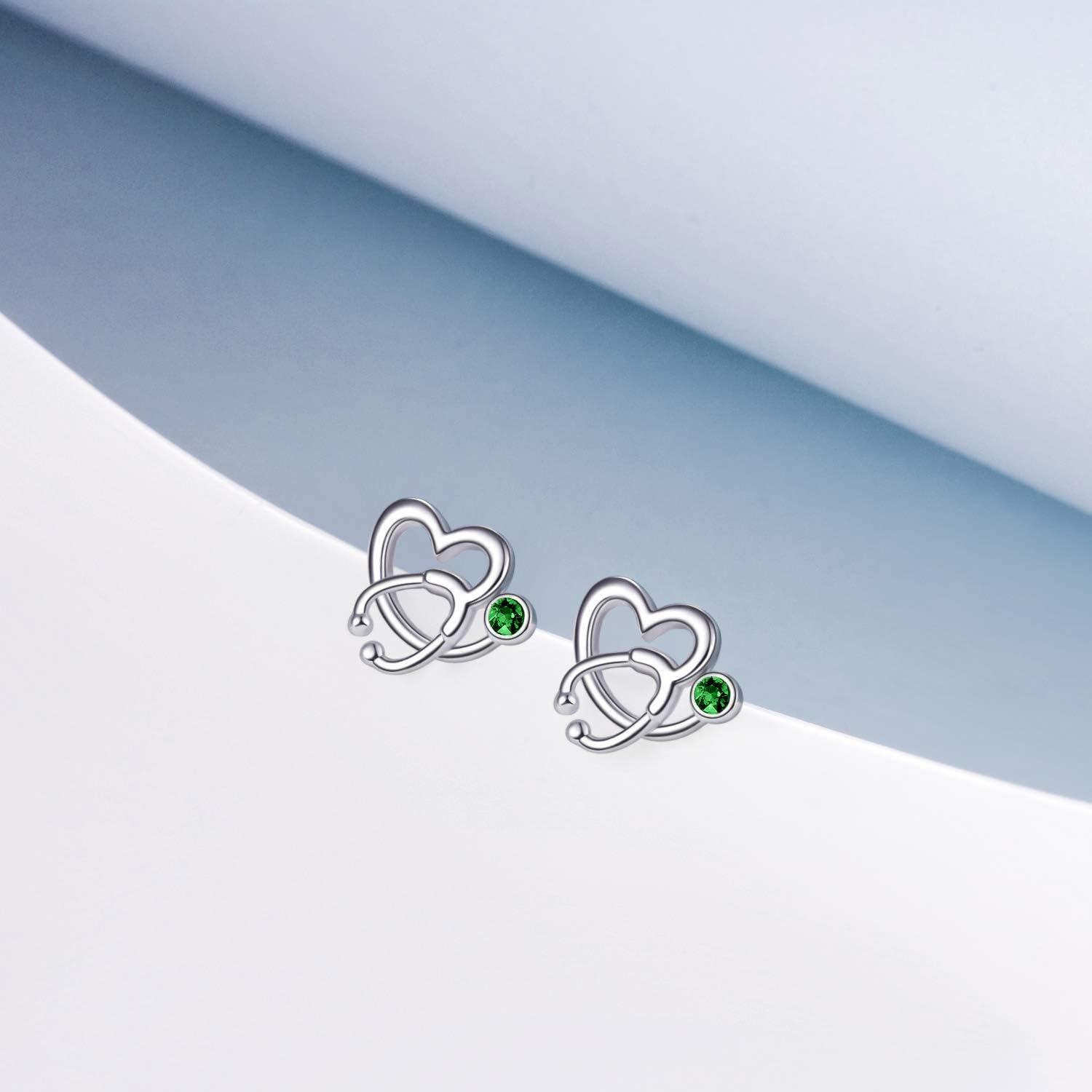 925 Sterling Silver Austrian Crystal Heart-Shaped Stethoscope Stud Earrings - Graduation Gift for Nurses and Doctors-0-2