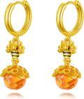 wholesale Gold-Plated 925 Sterling Silver Honeycomb Bees & Amber Drop Hoop Earrings for Women-0-0