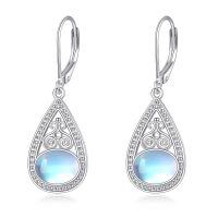wholesale 925 Sterling Silver Teardrop Moonstone Celtic Clover Filigree Dangle Leverback Earrings-Moonstone Earrings