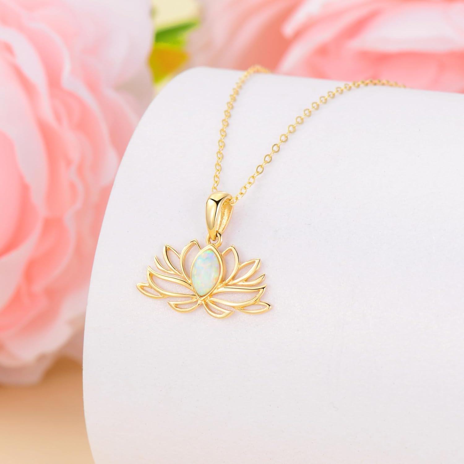 14K Gold Opal White Lotus Necklace 14K Yellow Gold Dainty Opal Lotus Pendant Bridal Jewelry-0-2