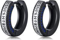 wholesale Sterling Silver Unisex Viking Runes Hoop Earrings Hypoallergenic Punk Huggie Jewelry Gifts-Black-Blue Zirconia