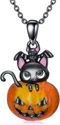 wholesale 925 Sterling Silver Black Cat and Jack-o'-lantern Pendant Necklace with Pink Ears & Purple Nose - Halloween  for Women/Men-0-0