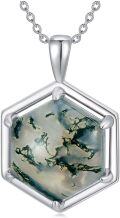 wholesale 925 Sterling Silver Green Moss Agate Pendant Hexagon Shape Chain Jewelry for Women Gift 16-24 Adjustable Length-0-0