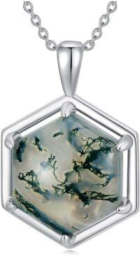 wholesale 925 Sterling Silver Green Moss Agate Pendant Hexagon Shape Chain Jewelry for Women Gift 16-24 Adjustable Length-Hexagon cut