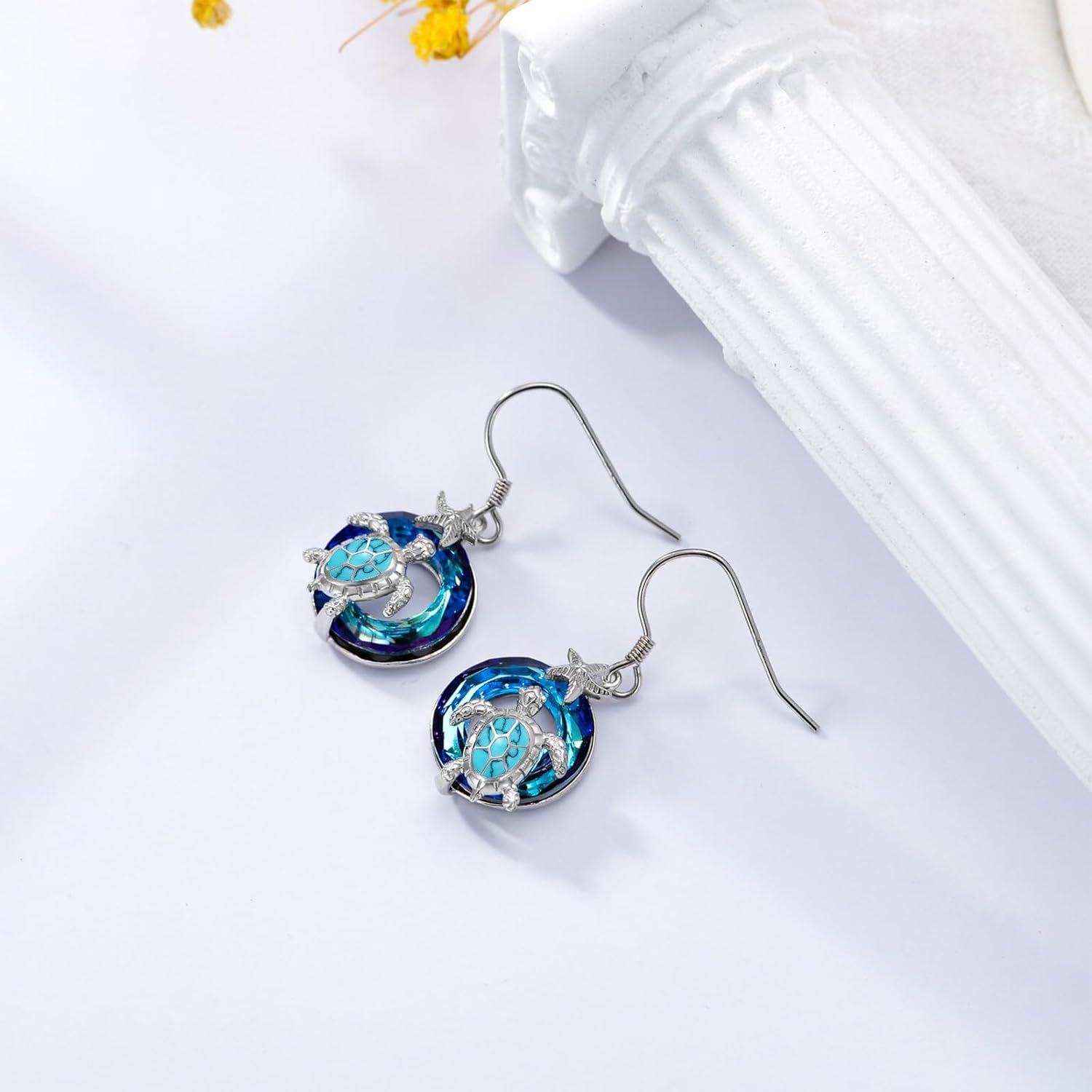 Sterling Silver Crystal Sea Turtle Dangle Earrings for Women Valentine s Day Gifts-0-6