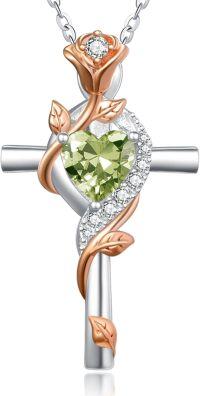 wholesale Sterling Silver Rose Cross Pendant Necklace for Women-08-Aug-Peridot Green-08-Aug-Peridot Green