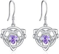 wholesale Sterling Silver Crystal Claddagh Celtic Knot Heart Dangle Earrings-Amethyst