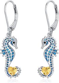 wholesale 925 Sterling Silver Birthstone Blue Seahorse Heart Drop Dangle Earrings for Women-November