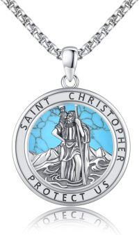 wholesale Sterling Silver Catholic Patron Saint Medal Necklace Pendant Amulet-10e-St Christopher-Turquoise-10e-St Christopher-Turquoise