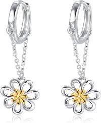 wholesale 925 Sterling Silver Flower Drop Earrings with Gold Accents and Chain Links-Daisy Chain Earrings