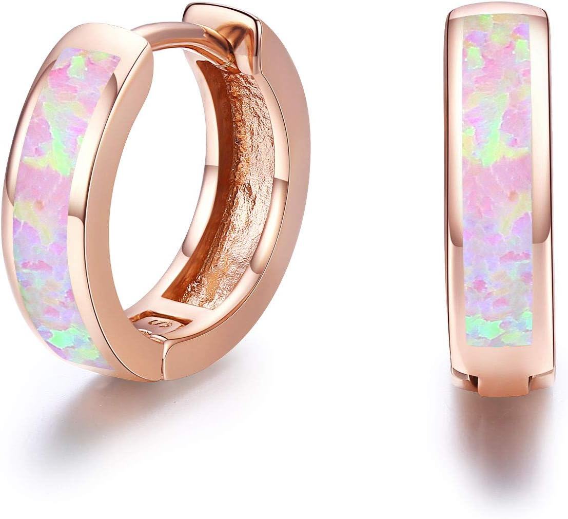 Sterling Silver Simulated Opal Hoop Earrings for Women Hypoallergenic Huggie Hinged Hoops Colorful Jewelry Gift-14mm Rose Gold Pink-14