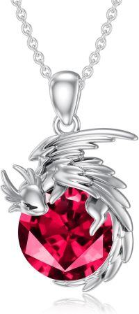 wholesale Sterling Silver Birthstone Wyvern Dragon Pendant Necklace for Women-July(Ruby)