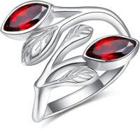wholesale Sterling Silver Leaf Ring with Birthstone Adjustable Wrap Promise Engagement Wedding Rings for Women-Red Ruby