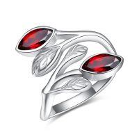 wholesale 925 Sterling Silver Leaf Ring with Birthstone Adjustable Wrap Promise Engagement Wedding Rings for Women-Red Ruby