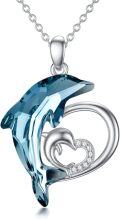 wholesale 925 Sterling Silver Blue Crystal Dolphin Heart Pendant Necklace Gift for Mother and Daughter-0-0