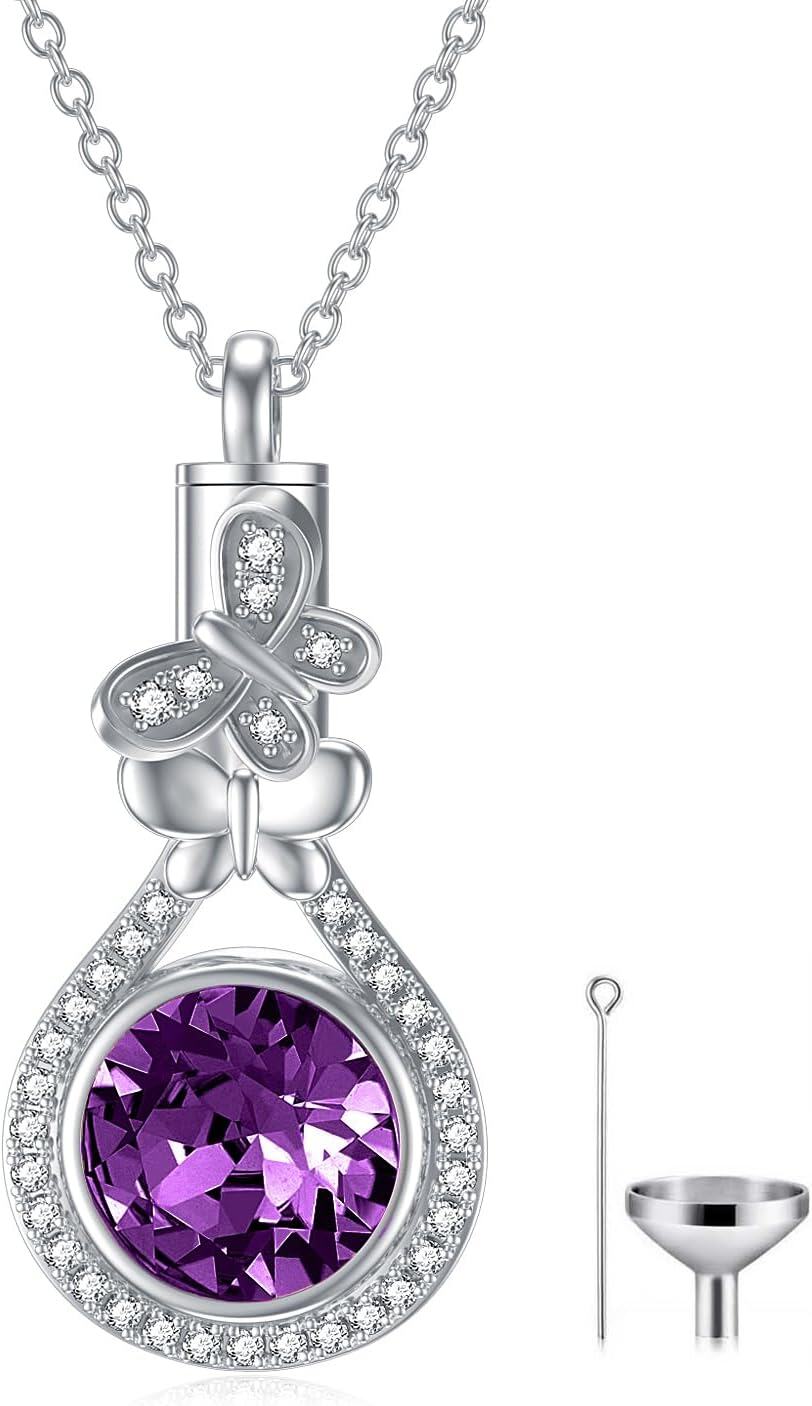 Sterling Silver Austrian Crystal Butterfly Urn Necklace for Ashes-02-Feb. Amethyst