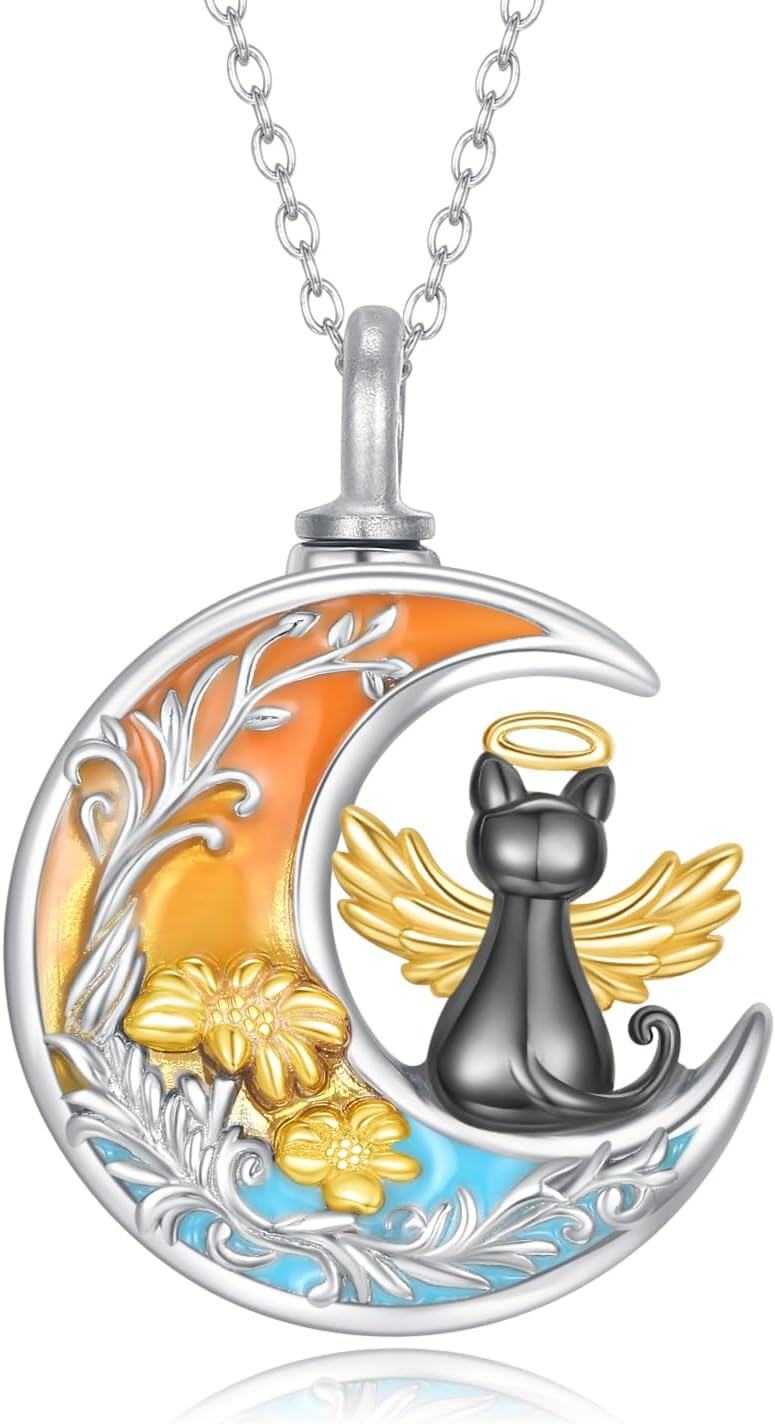 Sterling Silver Stone Pet Ashes Necklace for Women Men Dog Cat Cremation Jewelry-04-Oil painting cat