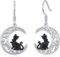 wholesale 925 Sterling Silver Black Cat Crescent Moon Drop Earrings Gothic Gifts for Her-0-0
