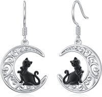 wholesale 925 Sterling Silver Black Cat Crescent Moon Drop Earrings Gothic Gifts for Her-Cat
