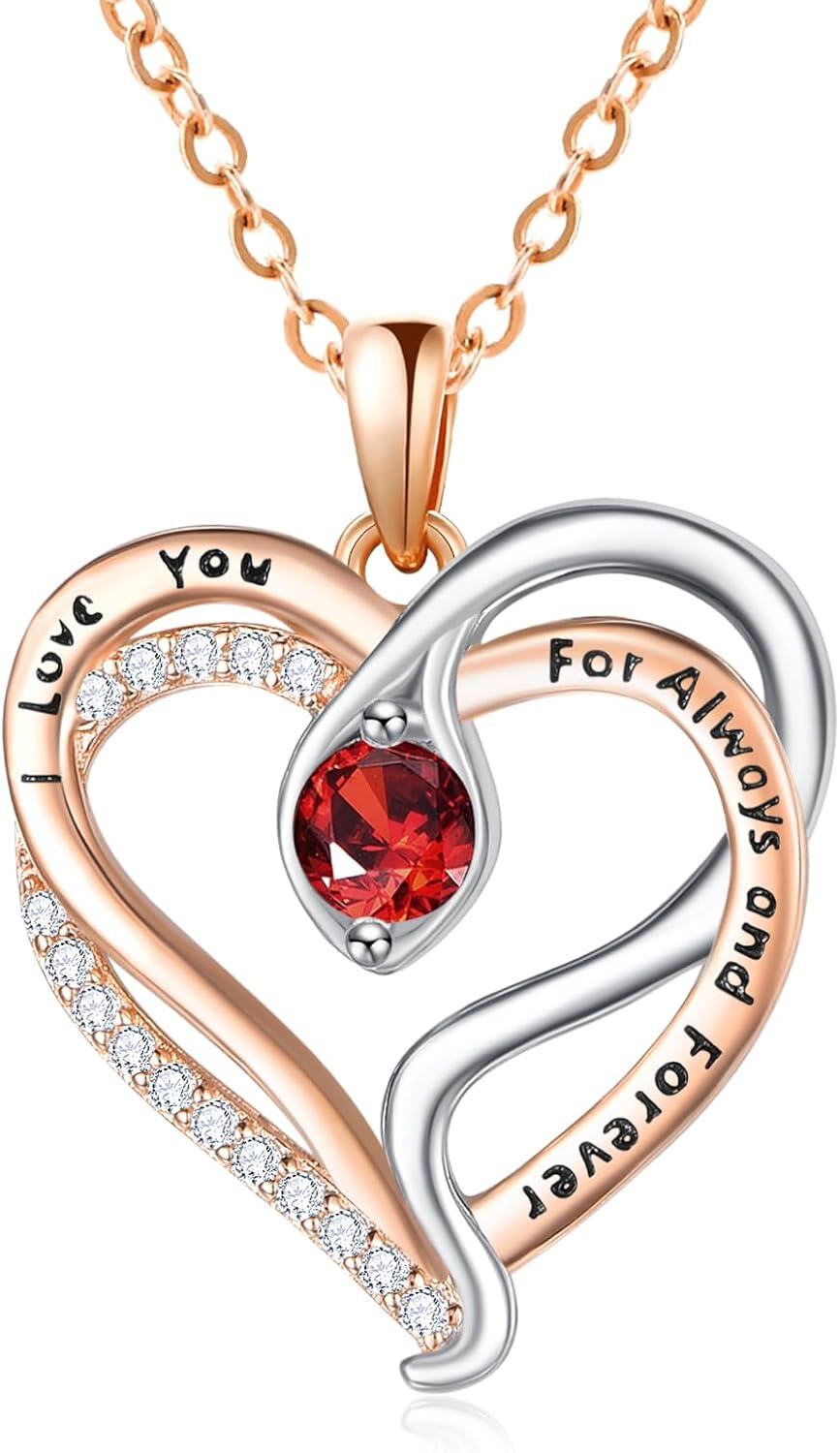 Sterling Silver Rose Gold Snake Pendant with Birthstone I Love You Always Forever Necklace Cute Animal Jewelry Gifts for Women-01 Jan - Garnet