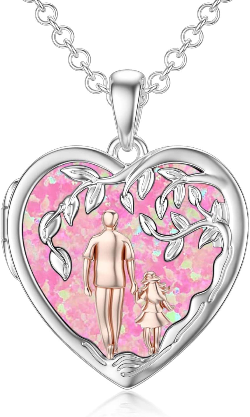 Sterling Silver Abalone Shell Daughter Locket Necklace Gift from Mom Dad-02-05-Father Daughter Locket-Simulated Pink Opal-02-05-Father Daughter Locket-Simulated Pink Opal+ Photo