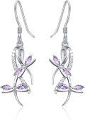 wholesale 925 Sterling Silver Purple Crystal Dragonfly Drop Earrings-0-0