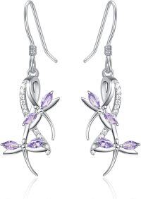 wholesale 925 Sterling Silver Purple Crystal Dragonfly Drop Earrings-alexandrite