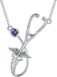 wholesale 925 Sterling Silver Birthstone Stethoscope Necklace Nurse Graduation Gift-February