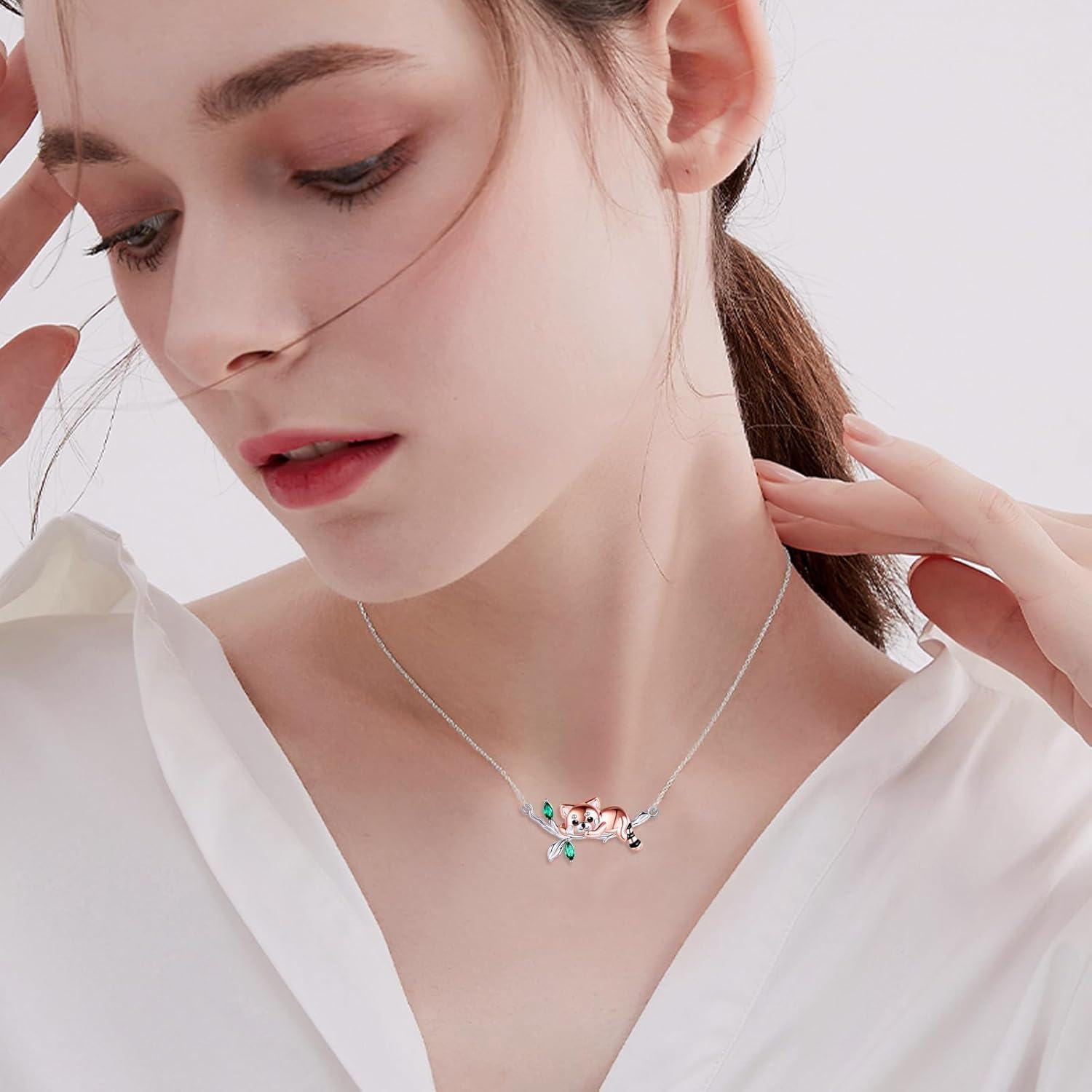 wholesale 925 Sterling Silver Green Garnet Red Panda Charm Necklace for Women Girls  45cm Chain Length-0-1