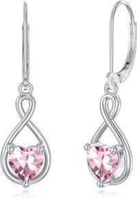 wholesale 925 Sterling Silver Birthstone Infinity Heart Dangle Drop Leverback Earrings for Women-October-Pink Tourmaline