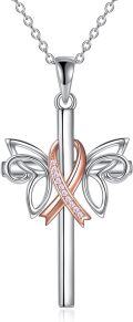 wholesale 925 Sterling Silver Cross & Pink Ribbon Butterfly Dragonfly Breast Cancer Awareness Pendant Necklace for Women Gifts-0-0