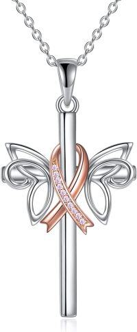 wholesale 925 Sterling Silver Cross & Pink Ribbon Butterfly Dragonfly Breast Cancer Awareness Pendant Necklace for Women Gifts-Butterfly Pink Ribbon