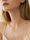 wholesale Rose Gold 925 Sterling Silver White Fire Opal Flower Cross Pendant Necklace for Women-0-3