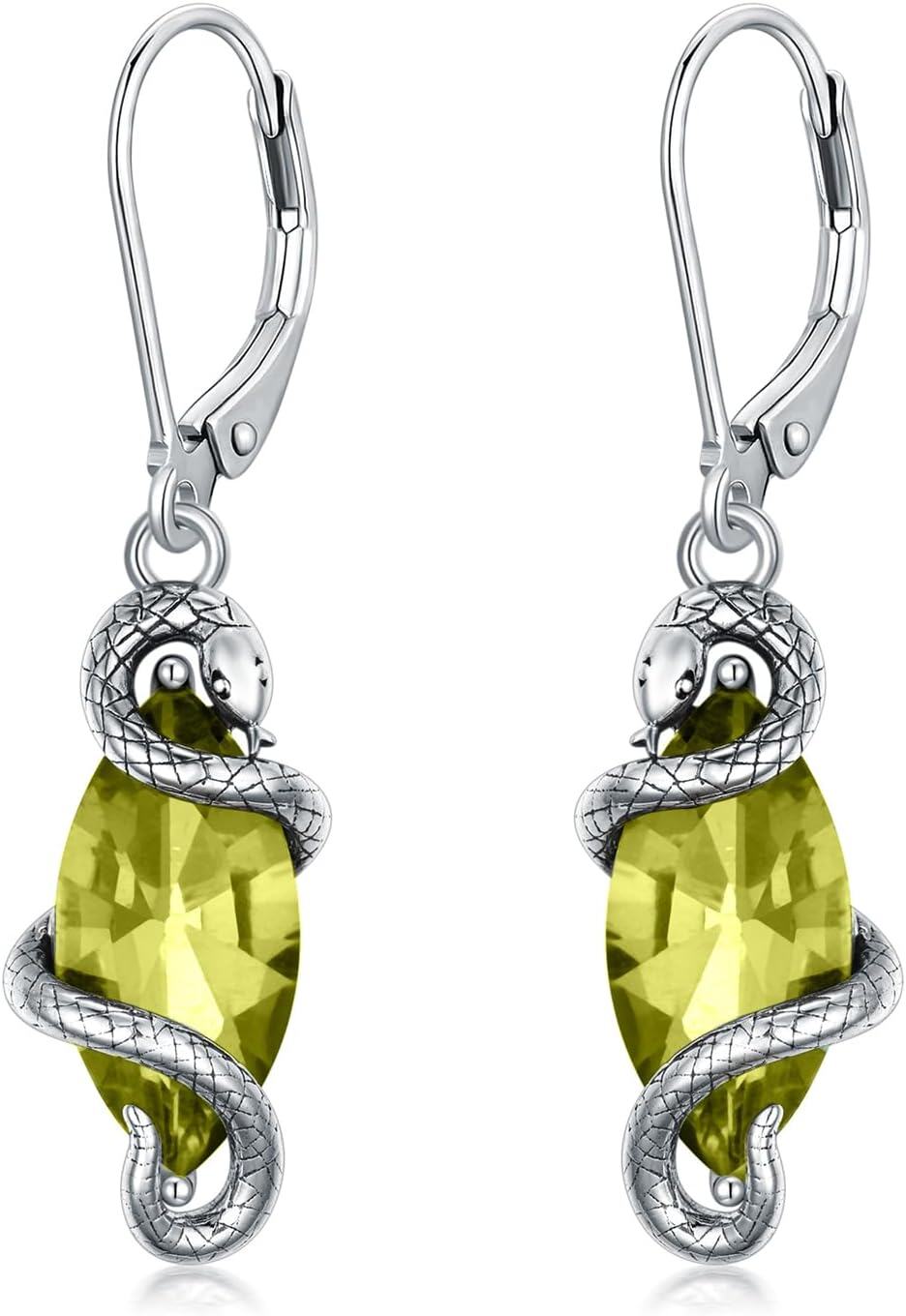 Sterling Silver Crystal Vintage Snake Dangle Drop Leverback Earrings for Women-Peridot Green