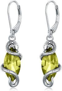wholesale Sterling Silver Crystal Vintage Snake Dangle Drop Leverback Earrings for Women-Peridot Green