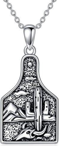 wholesale 925 Sterling Silver Western Cow Tag with Mountain & Cactus Pendant Necklaces for Women and Men-Cow Tag