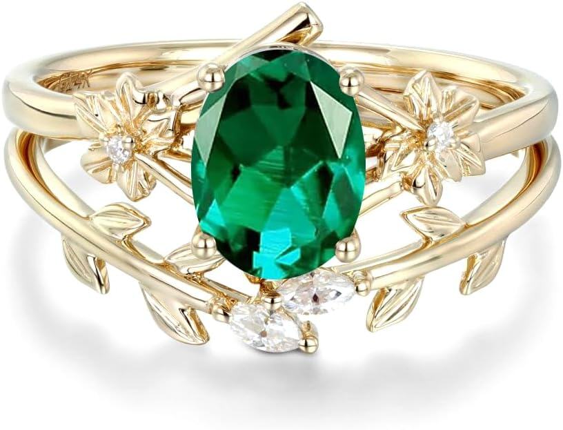 14K Solid Gold Oval Gemstone Vintage Vine Bridal Ring Set-Emerald-Black Onyx-Emerald-Pink Tourmaline-Pink Tourmaline-Black Onyx