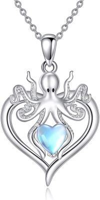 wholesale 925 Sterling Silver Heart Octopus Pendant Necklace with Blue Stone and Chain for Women Girls  45cm Length-Octopus Necklace