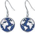 wholesale 925 Sterling Silver World Map Dangle Earrings - Blue Enamel Globe s for Her Him-0-0
