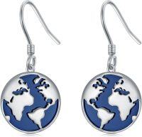 wholesale 925 Sterling Silver World Map Dangle Earrings - Blue Enamel Globe s for Her Him-Earth