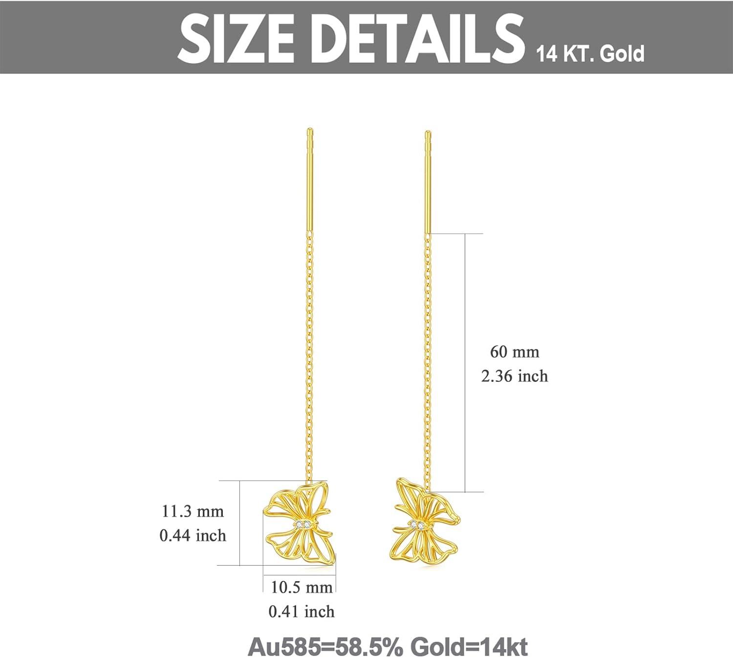 14K Gold Threader Earrings for Women Minimalist Butterfly Chain Pull Through Earrings-0-3