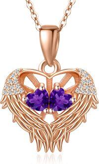 wholesale Sterling Silver 2 Birthstones Angel Wings Necklace for Women-02-02-Feb-Feb
