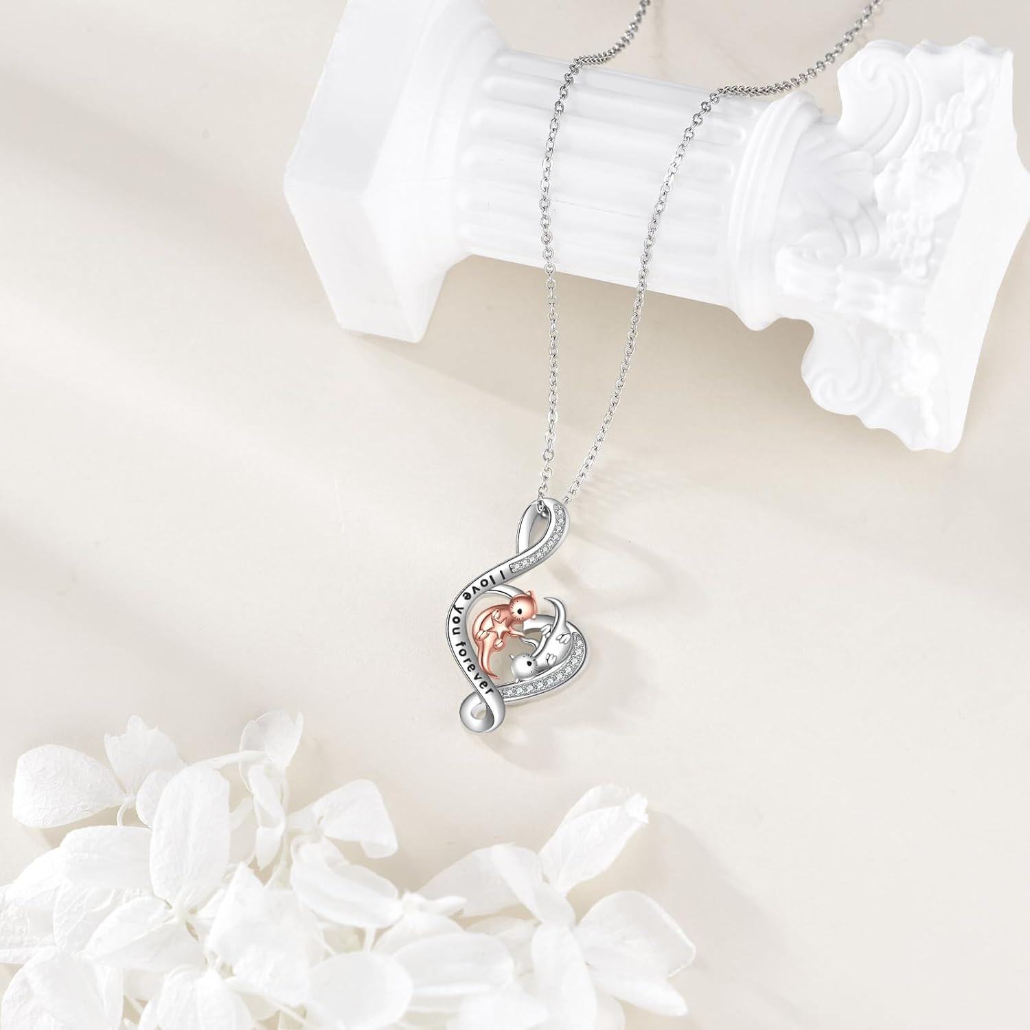 wholesale 925 Sterling Silver Heart-Shaped Cat and Dog Pendant Necklace with Cubic Zirconia Stones - Valentine's Day Gifts for Her-0-5