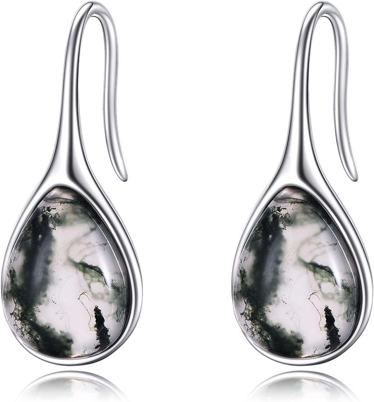 925 Sterling Silver Moss Agate Teardrop Threader Earrings for Women - Natural Stone Drop Dangles-0-0