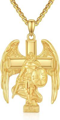 wholesale Gold 925 Sterling Silver Saint Michael Angel Cross Necklace for Women and Men-Gold