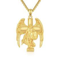 wholesale 925 Sterling Silver Gold Plated Saint Michael Archangel Winged Cross Pendant Necklace-Gold