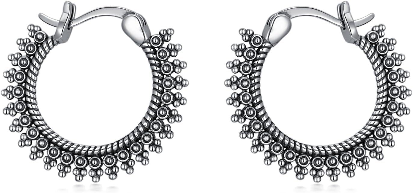 Sterling Silver Bali Boho Oxidized Hypoallergenic Huggie Hoop Earrings for Women Jewelry Gifts-Boho Bali Hoop Earrings-15