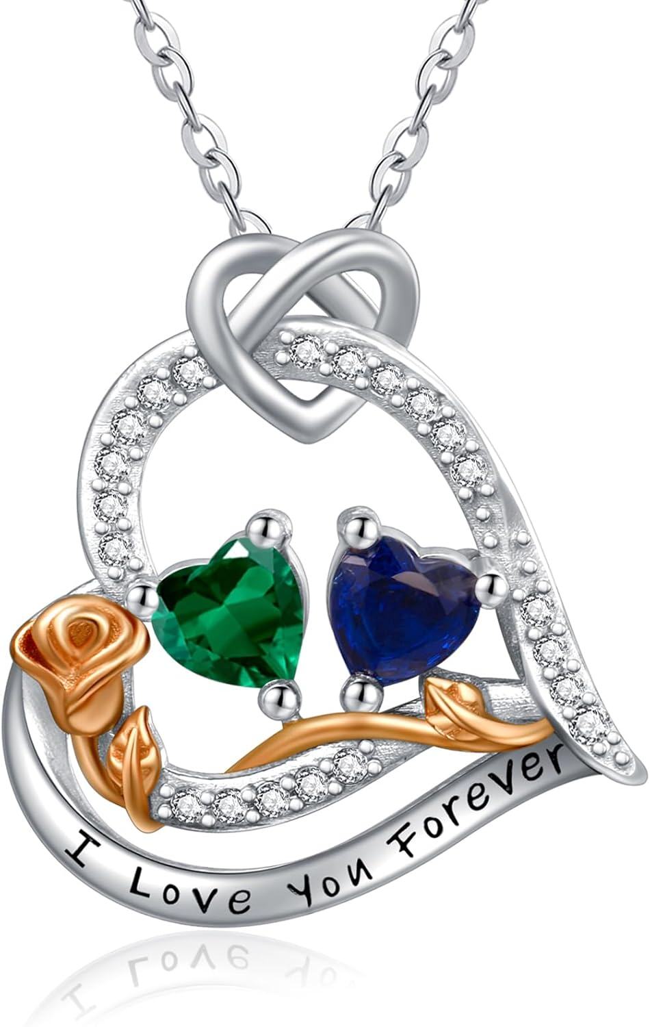  Sterling Silver 2 Birthstones Rose Heart Necklace for Women -05-09-May-Sept