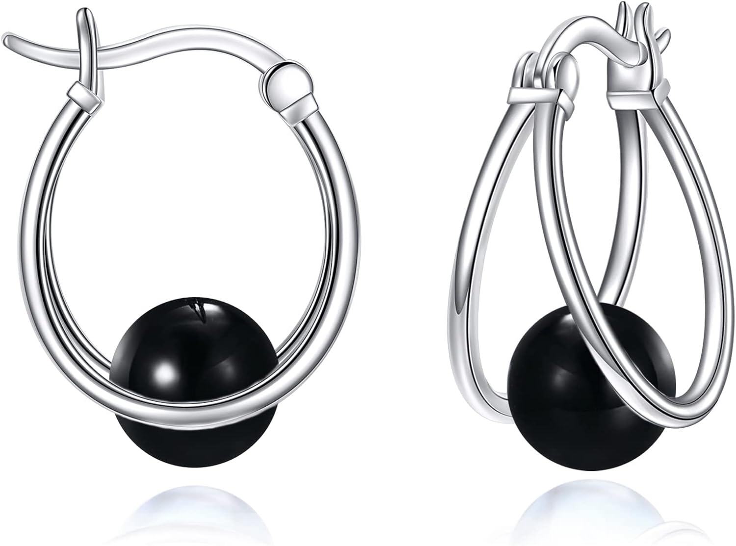 wholesale 925 Sterling Silver Hoop Black Agate Studs Earring Set for Women Girls Minimalist  4PC-0-0