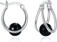wholesale 925 Sterling Silver Hoop Black Agate Studs Earring Set for Women Girls Minimalist  4PC-Black Onyx Hoop Earrings